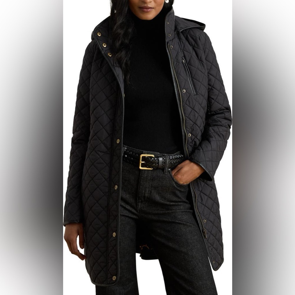 Ralph Lauren Black Diamond Quilted long Hooded Coat Horsebit Chain Lining - Picture 2 of 11